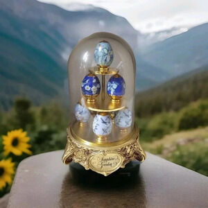 Sapphire Garden 8 Faberge Eggs Gold Blue Glass Dome Hand Painted Vtg 5.75"tall
